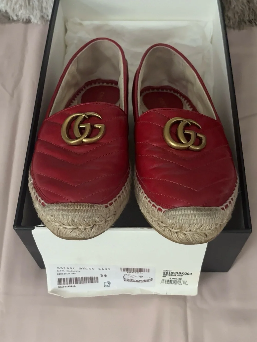 Gucci Red Quilted Leather Loafers with Gold Double G